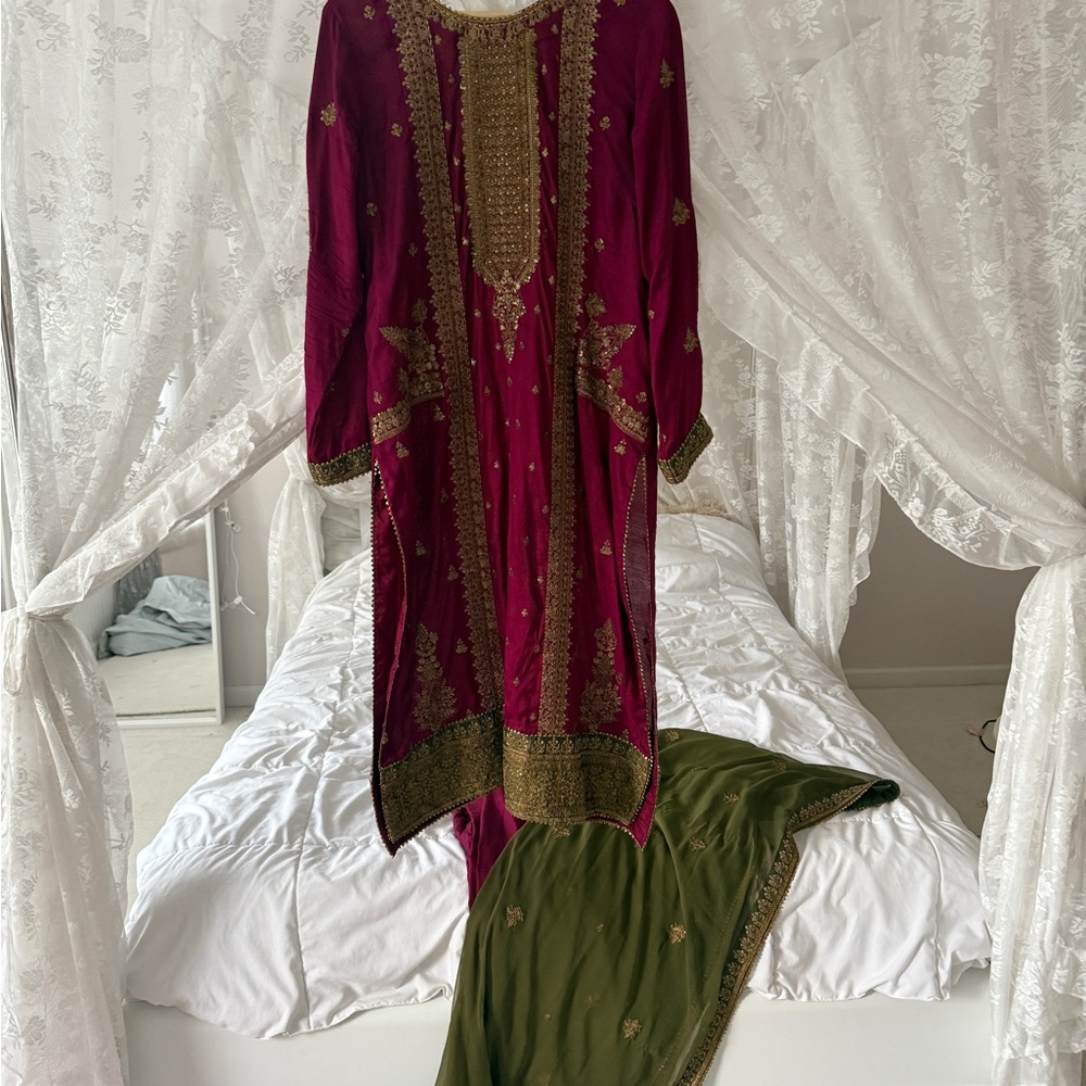 Elegant Maroon and Green Embroidered Dress Pakistani